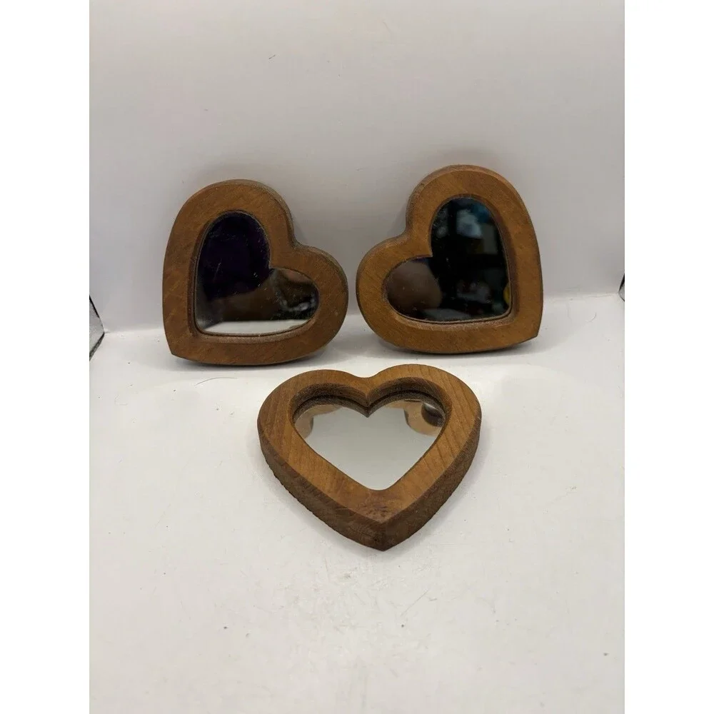 Vintage Home interior Wooden wood Heart Mirrors Mirror Wall Decor Set of 3 - Picture 1 of 5